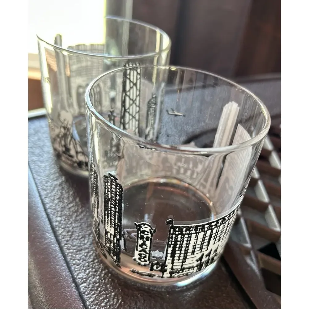 Vintage Pair of Chicago Skyline Rocks Glasses Whiskey Tumblers Black And White